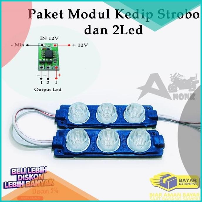 PAKET-II.!! 2pc Lampu Led Strip UNGU 3Mata SMD 12V + Modul Strobo F2 8