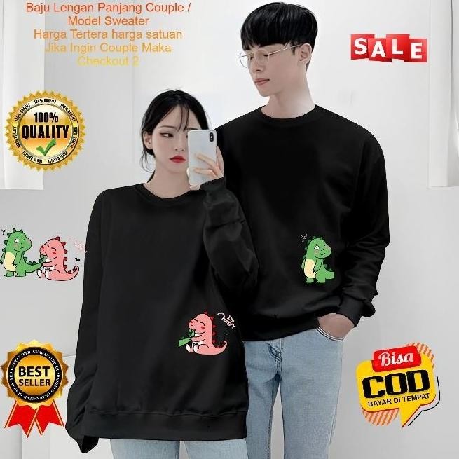 Kaos Couple Lengan Panjang Dino Hijau Pink / Baju Lengan Panjang Pasangan / Kaos Atasan Pria Wanita 