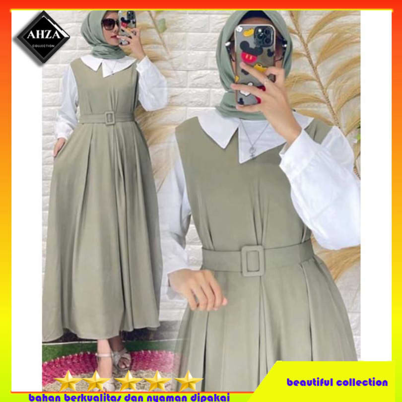 BAJU DRESS MUSLIM WANITA KOREAN STYLE MODEL KEKINIAN MEWAH ELEGANT AHZA3043