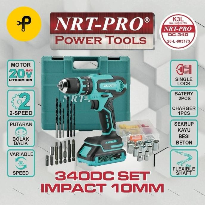 NRT-PRO DC-340 + ACCESSORIES CORDLESS IMPACT DRILL 20 V - BOR BATERAI ORIGINAL DAN TERPERCAYA
