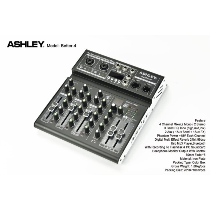 MIXER AUDIO ASHLEY 4 CHANNEL USB BLUETOOTH SOUNDCARD