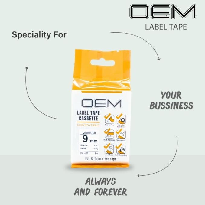 

OZE-221 OEM LABEL TAPE BROTHER 9MM BLACK ON WHITE ORIGINAL DAN TERPERCAYA