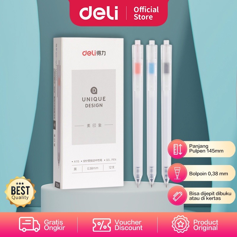 

NEW ARRIVAL DELI GEL PEN / PULPEN GEL 0.38MM TINTA HITAM ISI 12 RETRACABLE DESAIN UNIK A115 XI6