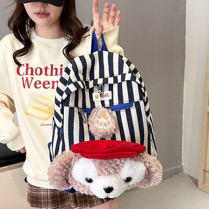 Tas Ransel Wanita, Tas Ransel Kapasitas Besar, Tas Kanvas Berbulu Bergaris