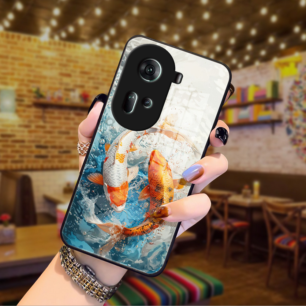 Ikan Koi Kaca glass mirror Case cesing kesing untuk OPPO Reno 11 11F 8 8T 4G 7 6 6Z 5 5F 4 2Z 2F 4Z 