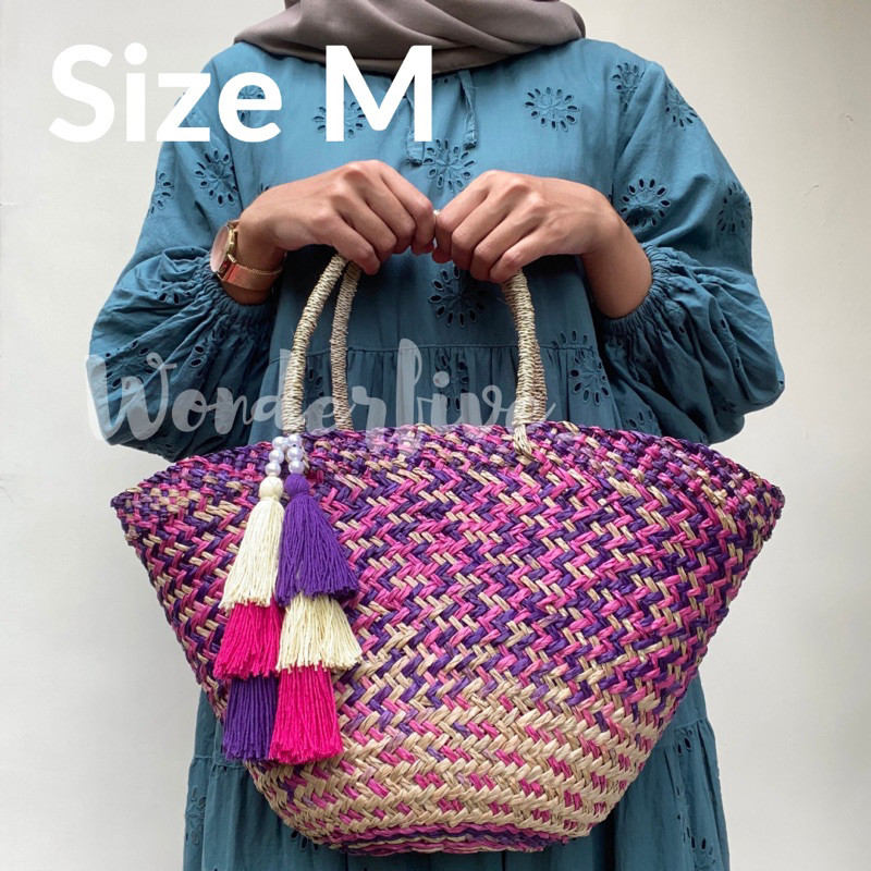 Tas Anyaman Untuk Kerajinan Tangan, Pandan Rara, Adat Bali Etnik, Motif Rumbai Gradasi, Pink Ungu |2