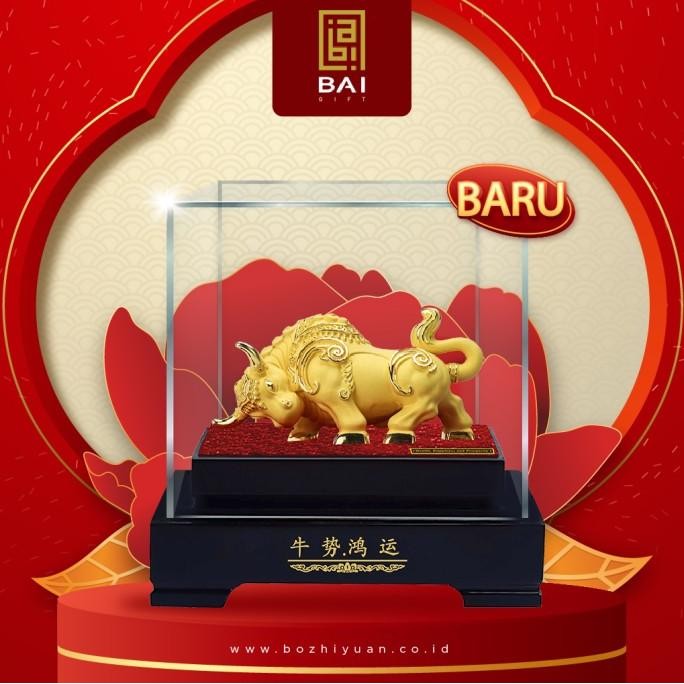 Pajangan Patung Shio Kerbau Lapis Emas 24k Patung Shio Kerbau S