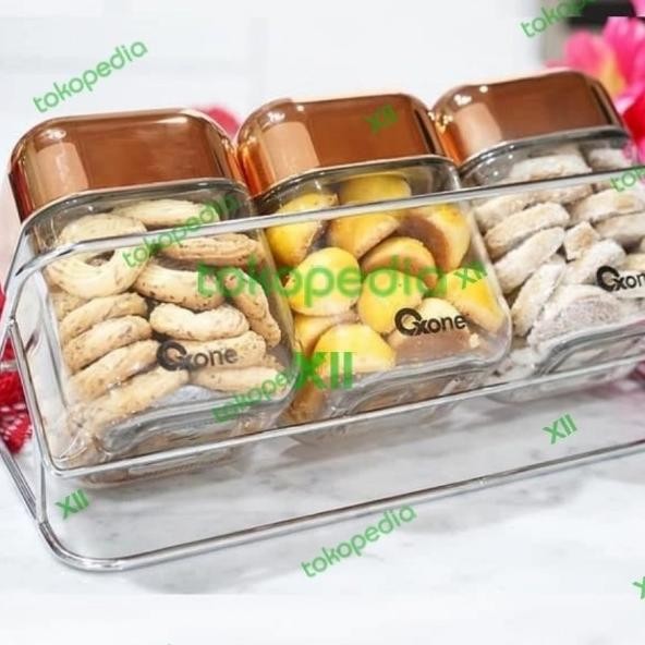 Oxone Ox~354R Rosegold Cubes Storage Jar Set 3 Pcs Toples Kaca