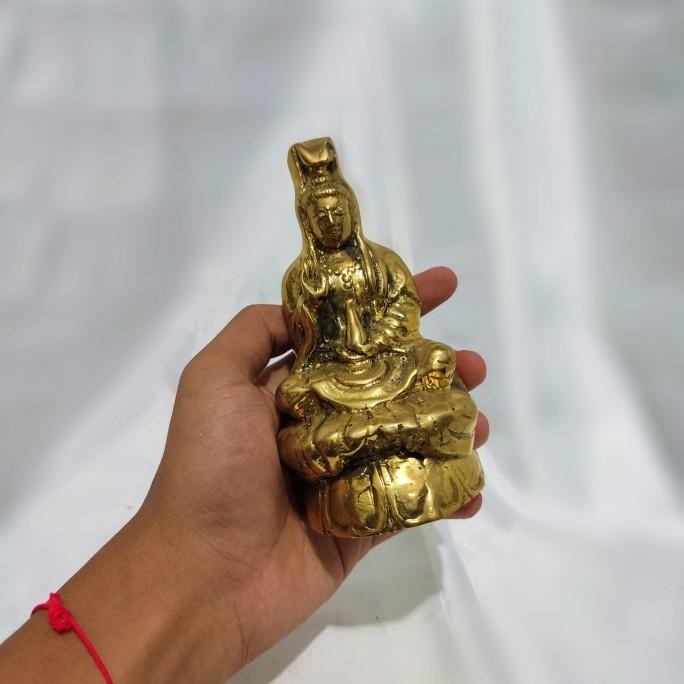 HARGA DISC - Patung Dewi Kwan Im Duduk Logam Kuningan Brass Statue Dekorasi - KI02