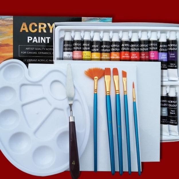 

New Cat Akrilik SET 24 Warna (ISI 33 PCS) FREE KANVAS Viral