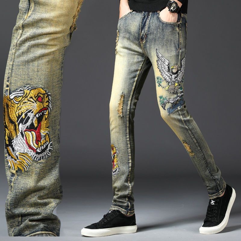 Celana Jins PriaJeans Retro Nostalgia Bordir Trendi, Celana Ketat Model Korea Modis Harimau Pribadi