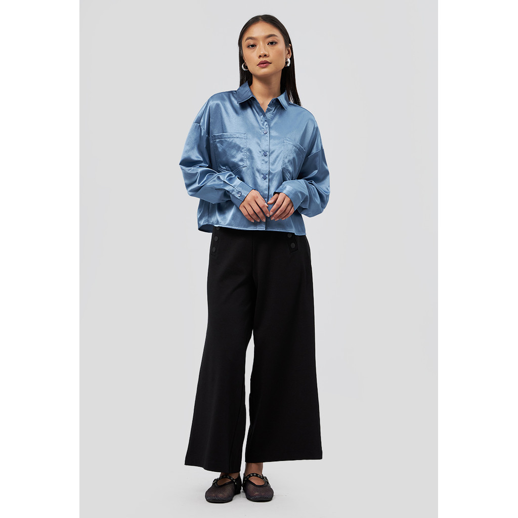 Executive Long Sleeve Satin Crop Shirt Denim Blue