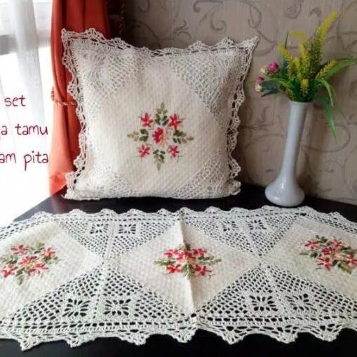 sarung bantal sofa 40x40 renda rajut Sulam pita