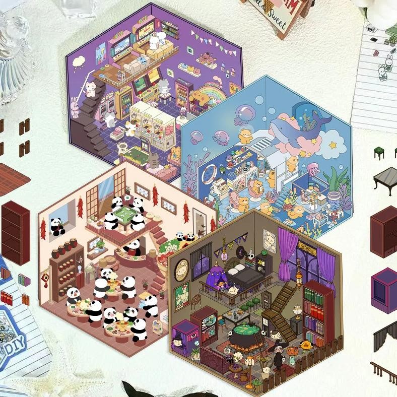 

Pet Cartoon Scenery Stickers Cute Miniature World 3D House Decompression Diy Scene Hand Account Stickers