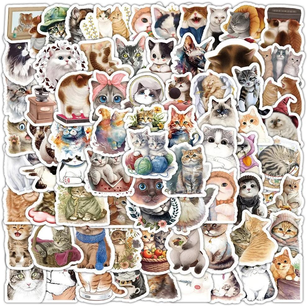 

100Pcs Cartoon Cute Watercolor Cats Graffiti Stickers For Helmet Bicycle Hand Account Pencil Case Decals Lanlanstickersworld