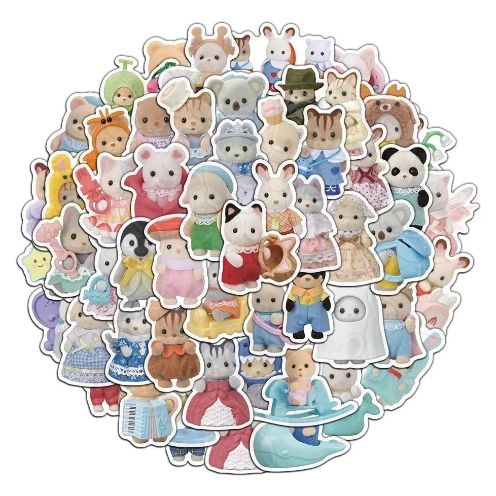 

55Pcs Calico Critters Family Cartoon Cute Handheld Notebook Skateboarding Luggage Decorative Stickers