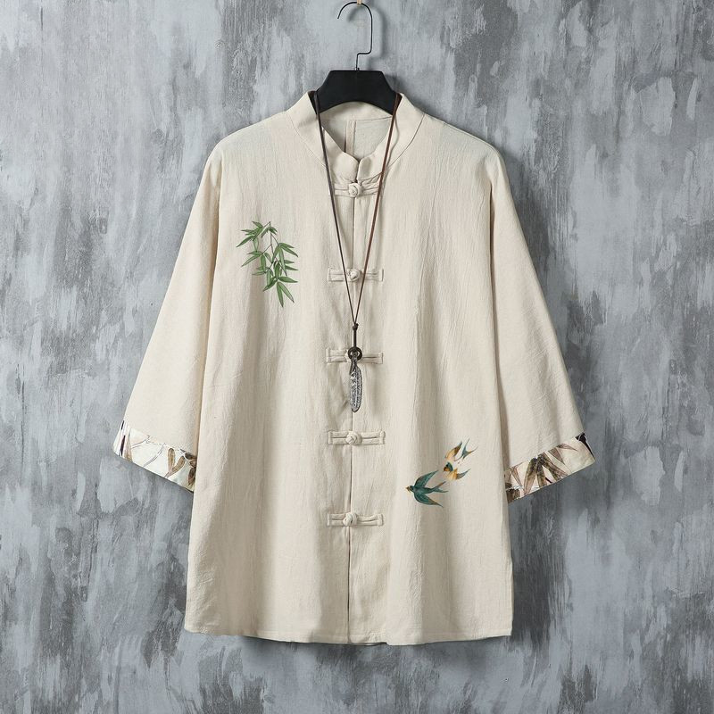 Kemeja Tipis Pria Katun Linen Cetak Longgar dengan Kancing