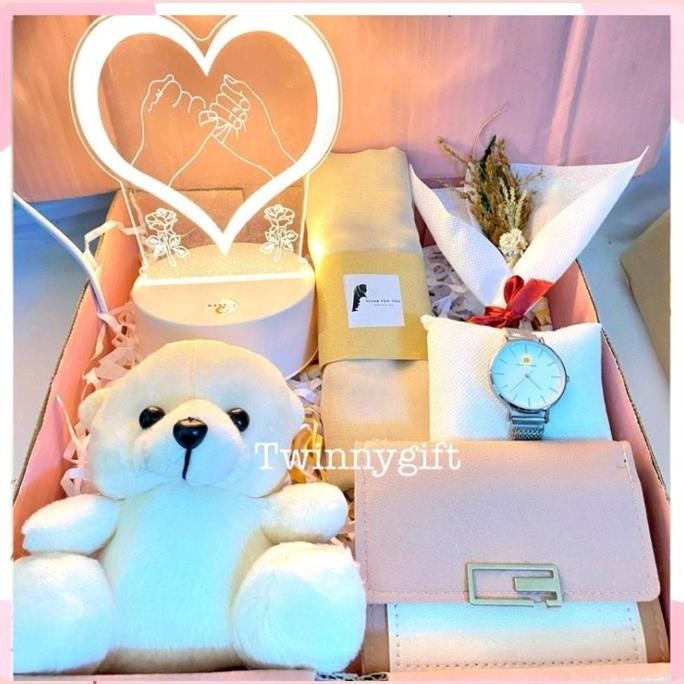 

(PAKET PINK LED HJB) HAMPERS KADO ULANG TAHUN ANNIVERSARY WEDDING ULANG TAHUN WANITA VALENTINE COKELAT