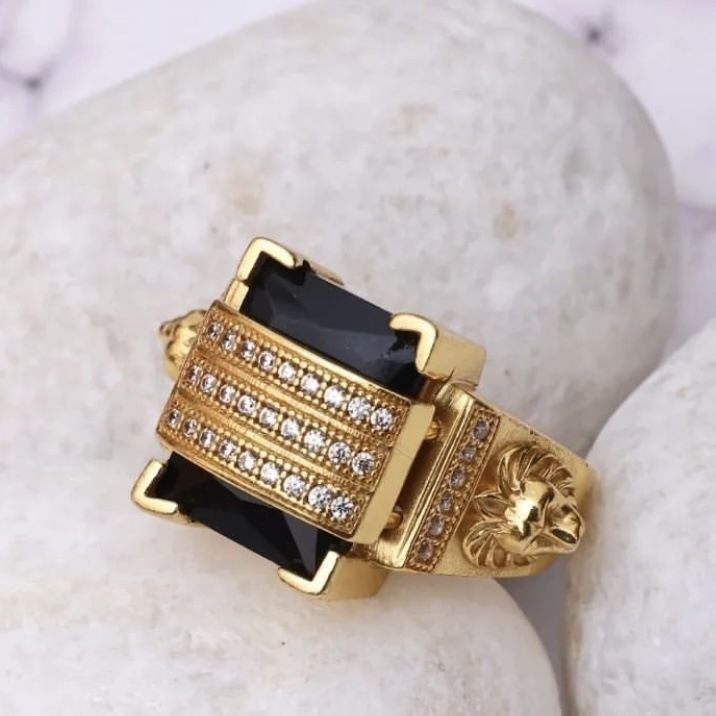Cincin Pria Onyx Hitam dengan Permata Berlian Hitam Cincin Kepala Singa Cincin Pria Perhiasan Emas H