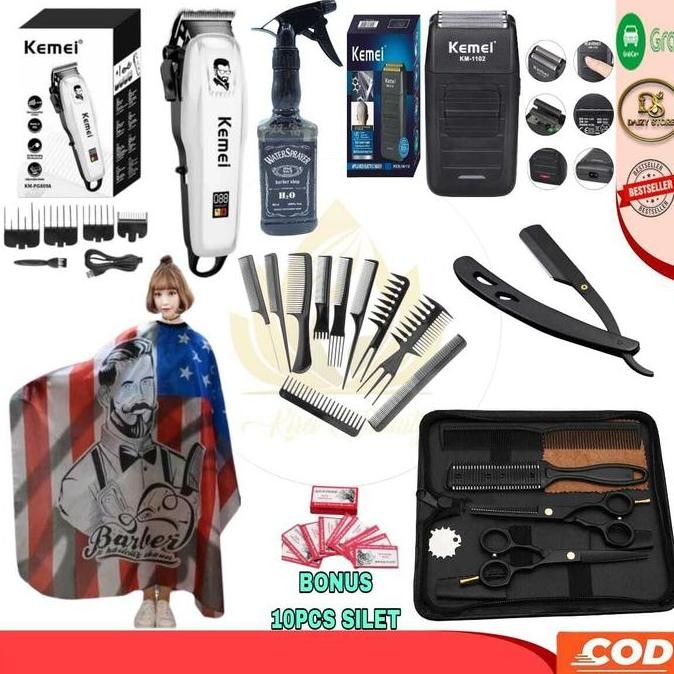 SATU SET MESIN CUKUR RAMBUT PAKETAN GUNTING CUKUR RAMBUT BARBERSHOP Sisir Razor