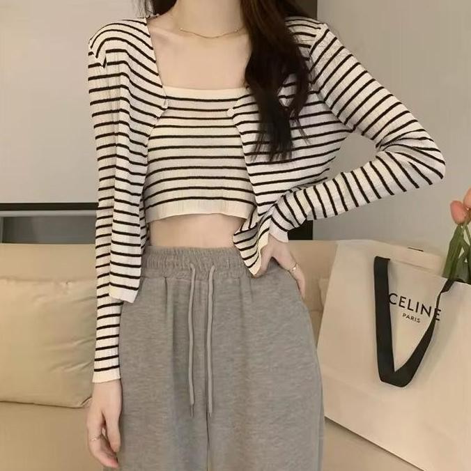 Basic id fashion Set cardigan +dalaman setelan  cardigan rajut stripe ribbon / setelan cardigan wani