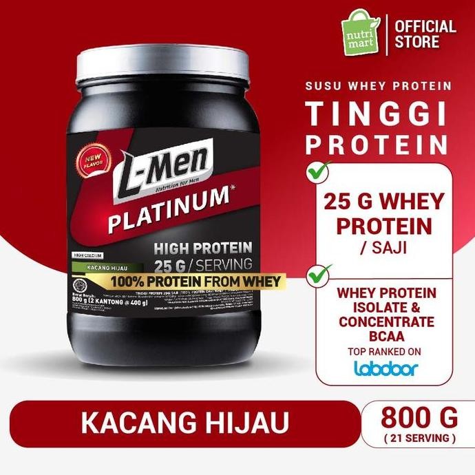 L-Men Platinum Kacang Hijau 800Gr 1,7Lbs - 25G Whey Protein - 21 Serving - 5,9G Bcaa Dilengkapi Crea
