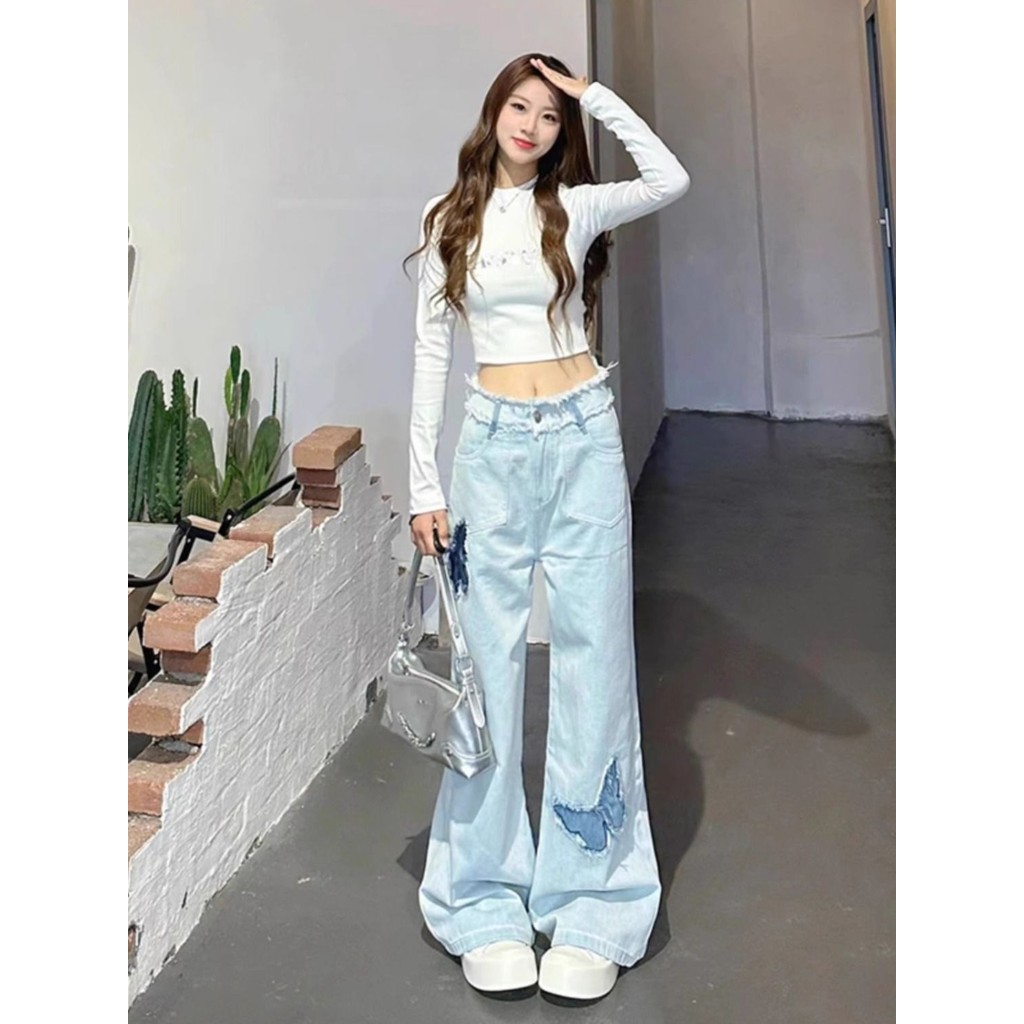Cool GirlJeans Lurus Kupu-Kupu Berwarna Terang Yang Modis Dan Elegan Untuk Wanita Celana Panjang Lon