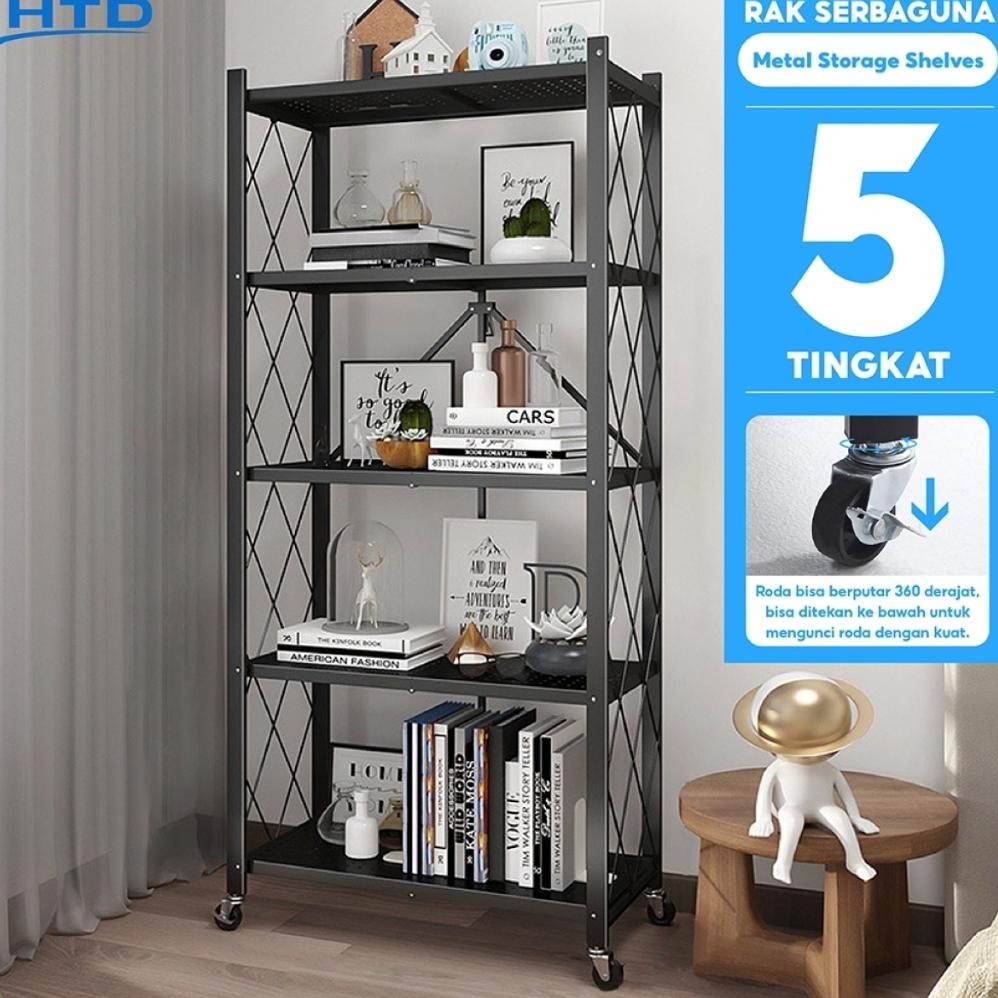 Rak Besi Susun Lipat 5 Tingkat Roda Multifungsi Rak Portable Dapur