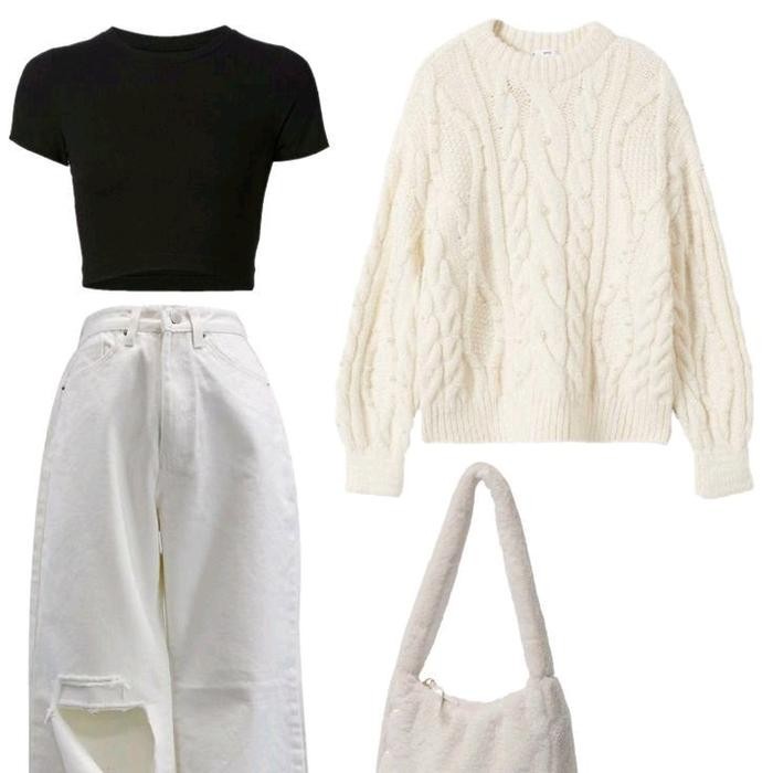 one set korean style, outfit korea wanita, outfit ulzzang, korean style 1 set (black jeans+sweater)