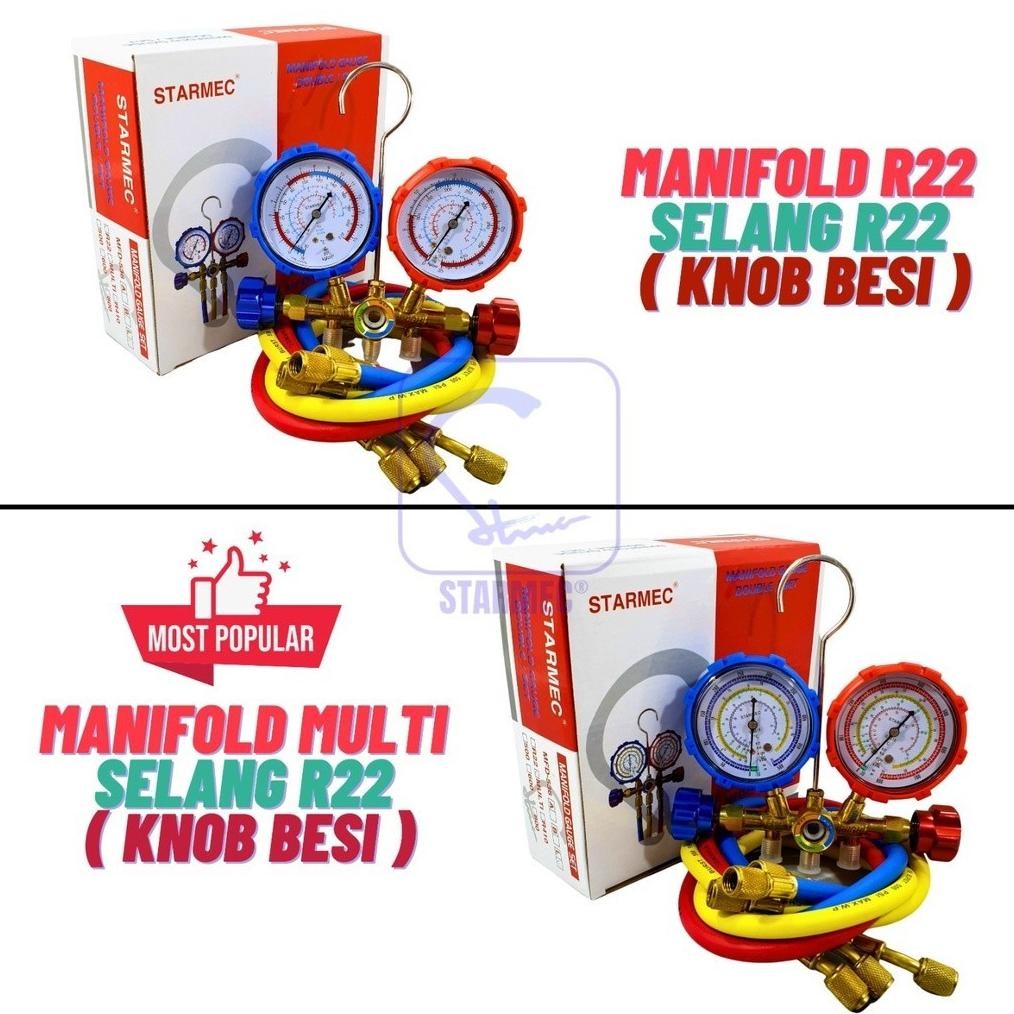 Manifold AC R22 R410 R32 Double + Selang R22 Starmec (Knob Besi)