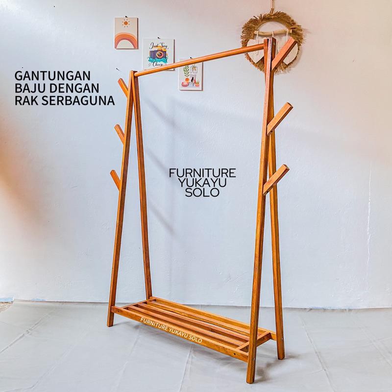 Gantungan Baju Dengan Rak Kayu Jati Serbaguna / Rak Display / Gantungan Hanger / Stand Hanger / Jagr