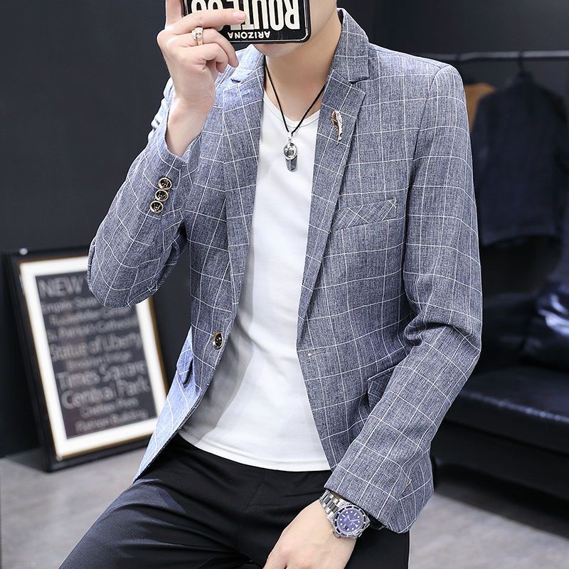 Jaket Jas Pria Trendy Gaya Korea Slim Fit Tampan Kotak-kotak Setelan Kecil Remaja