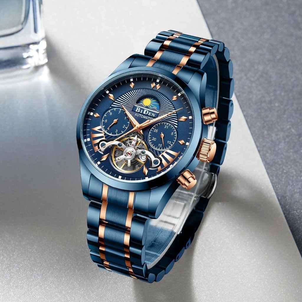 BIDEN mechanical automatic men's watch, high-quality steel strap watch, 30M waterproof, suitable for