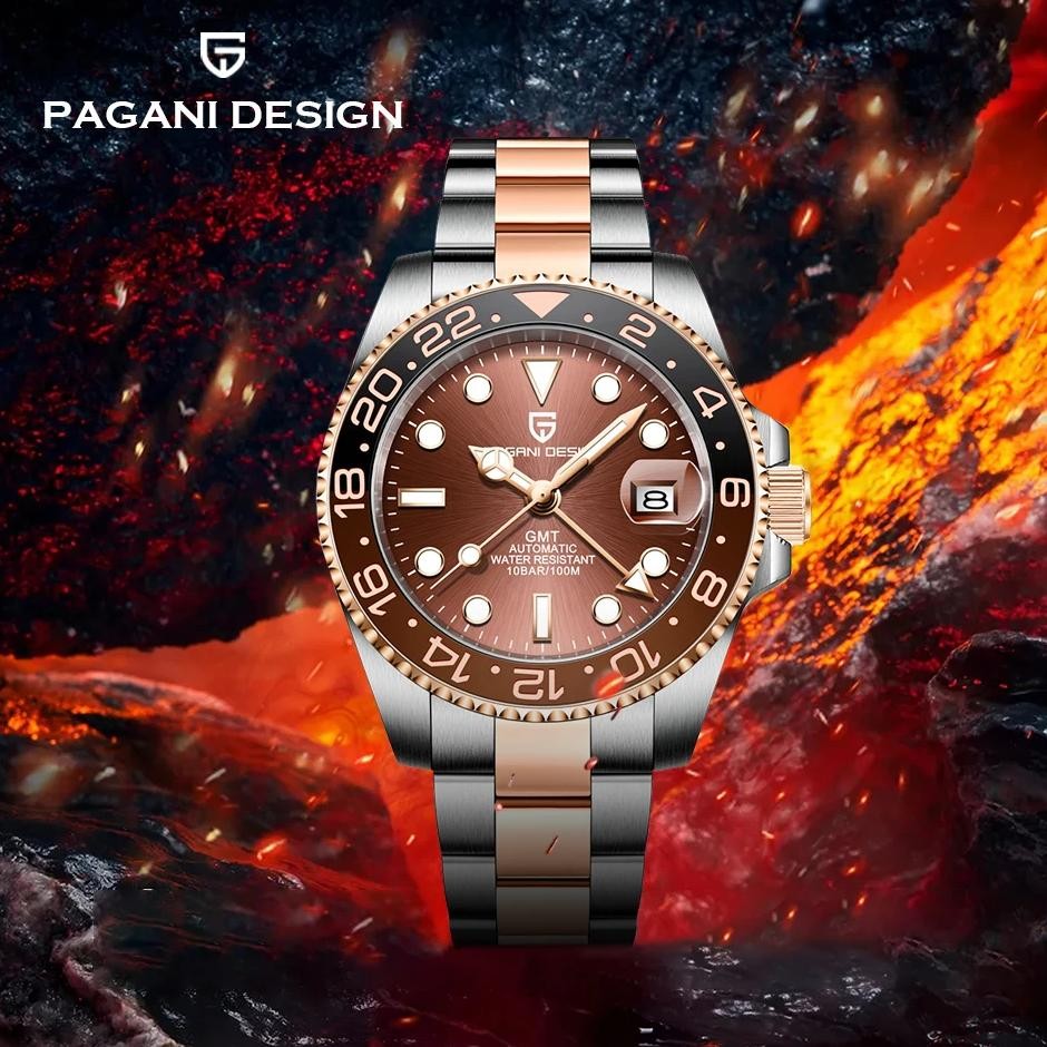 PAGANI DESIGN GMT Men's Watch Luxury Top Sapphire Automatic Mechanical Watch Stainless Steel 100M Wa