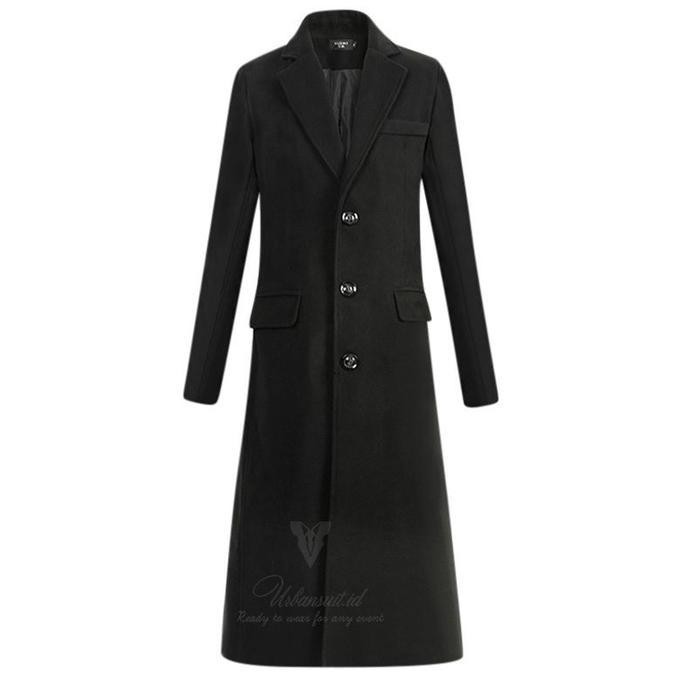 Long Coat Pria Korea - Jas Blazer Jubah Panjang Pria - Bahan Fleece - Warna Hitam - Ukuran S-4XL GM