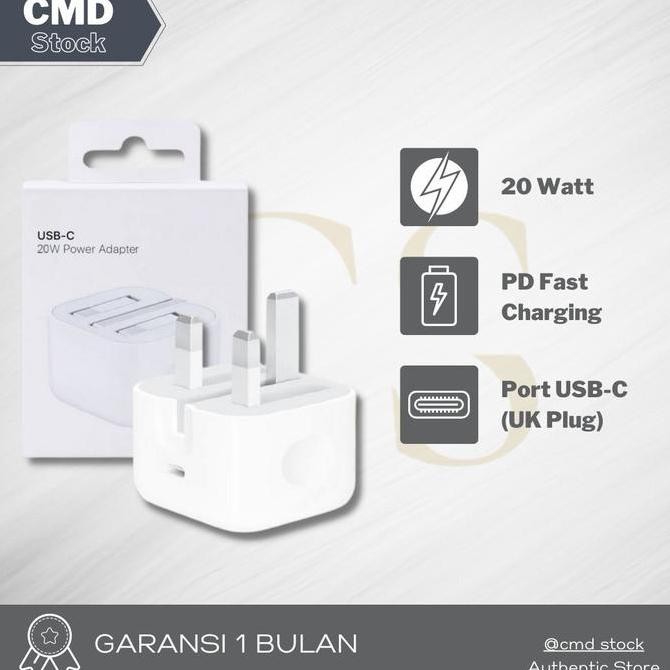 BEBAS ONGKIR - Charger iPhone Adapter 20W USB C UK Kaki 3 Fast Charging Original 100%