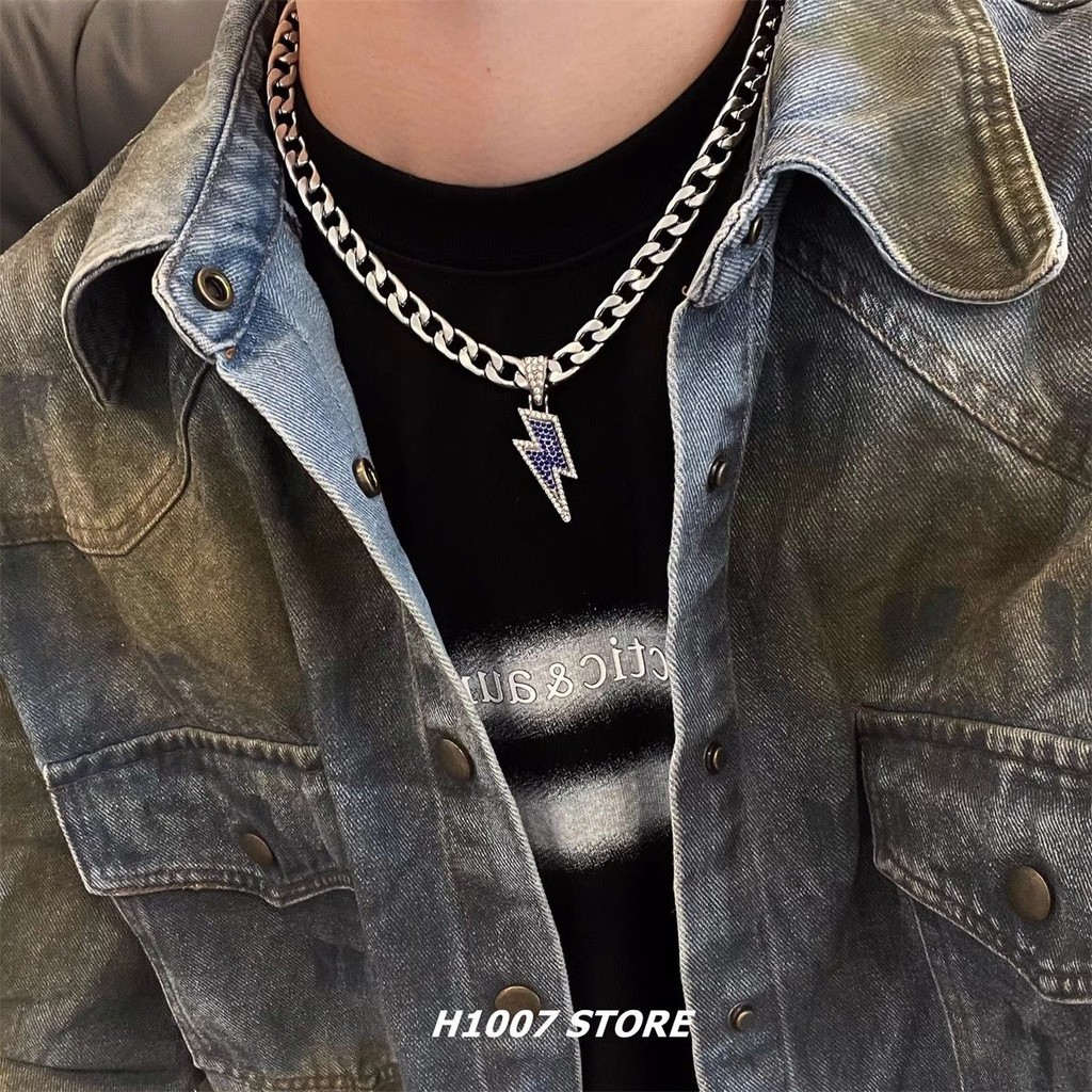 Kalung Pria Rantai Kuba Liontin Petir Pink