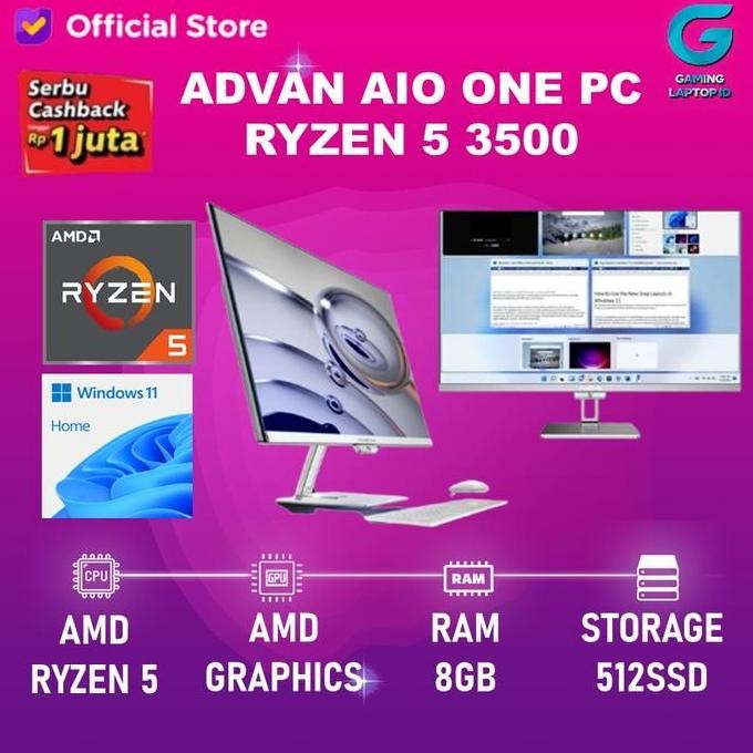 Advan Aio One Pc Ryzen 5 3500 8Gb 512Gb 24Fhd 99% Srgb New Stok