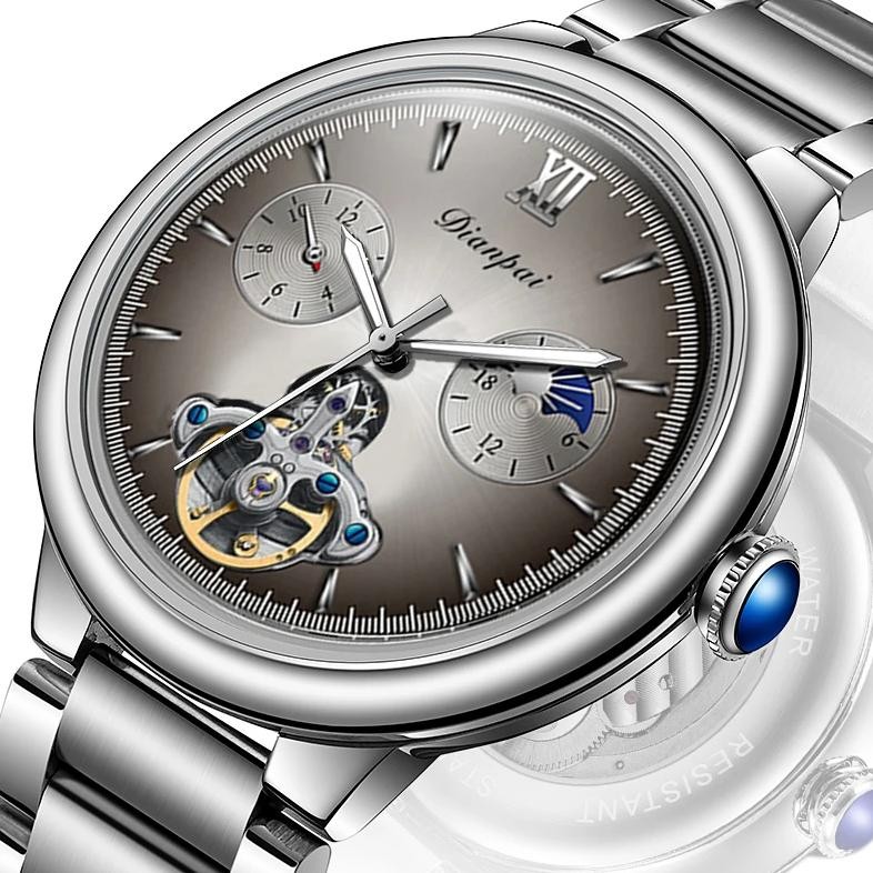 DIANPAI Fashion Men's Fully Automatic Mechanical Watch Stainless Steel Men's Flywheel Waterproof Tre