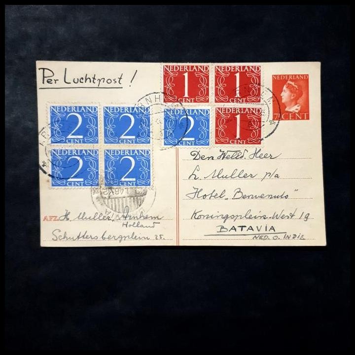 

DISKON PRANGKO BELANDA/NEDERLAND. KARTUPOS WILHELMINA 7 CENT DENGAN TAMBAHAN PRANGKO 1C (3) DAN 2C (5) DIKIRIM KE KONINGSPLEIN, BATAVIA. ISTIMEWA. !!!!