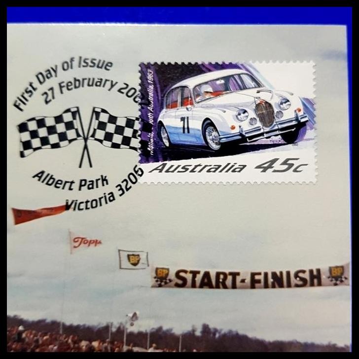 

DISKON PRANGKO AUSTRALIA POSTCARD. BALAP MOBIL ~ JAGUAR MARK II, 1962 !!!!!