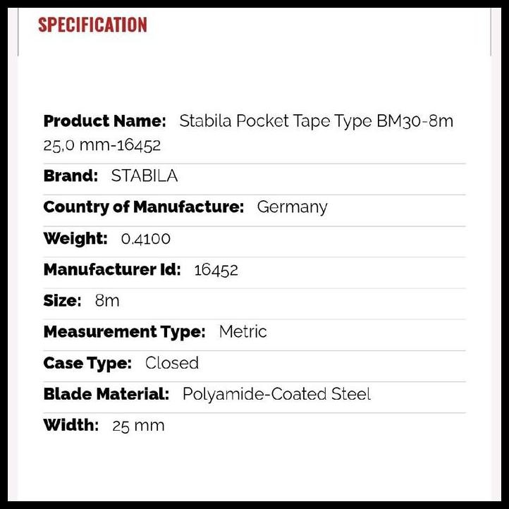 

HOT DEAL STABILA POCKET TAPE TYPE BM30-8M 25,0 MM-16452 !!!!!
