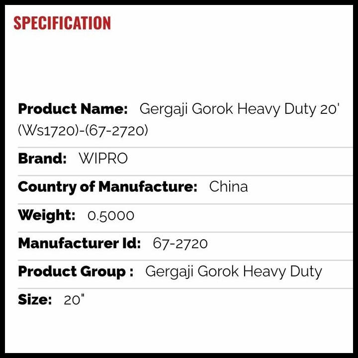 BEST DEAL GERGAJI GOROK HEAVY DUTY 20' (WS1720)-(67-2720) WIPRO 