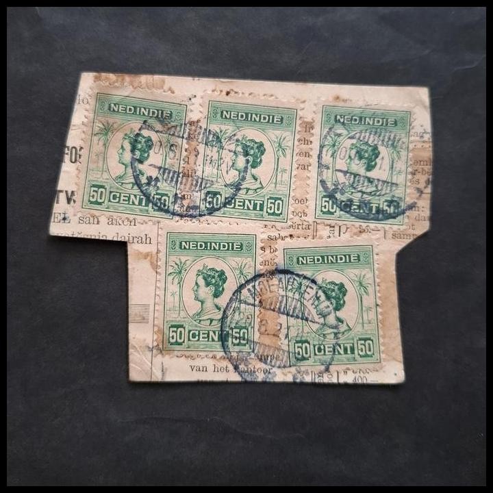 

HOT DEAL PRANGKO INDONESIA-NED INDIE. RATU WILHELMINA 50 CENT (5 PCS) CAP POS MOEARAENIM 20.6.1921 DI ATAS POTONGAN KARTUPOS !!!