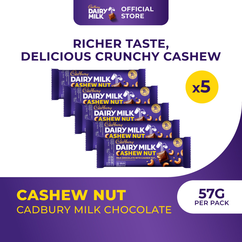 

5pcs Cadbury Coklat Cashew Nut Regular 57g | Camilan coklat susu dan kacang mede yang lembut - Multipack x5