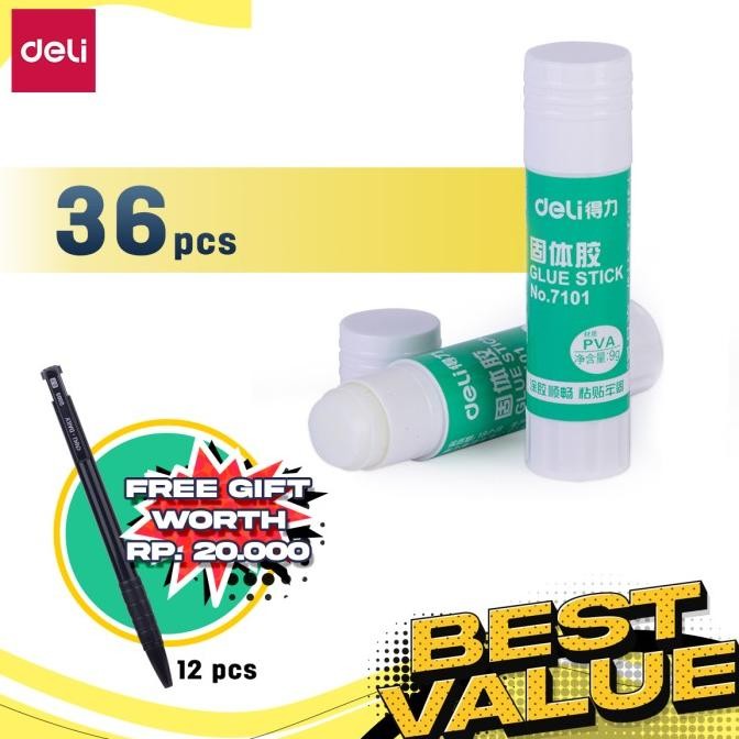 

Paket ATK Ekonomis Deli - 36 pcs Lem Stick + Bonus Pulpen 7101Z
