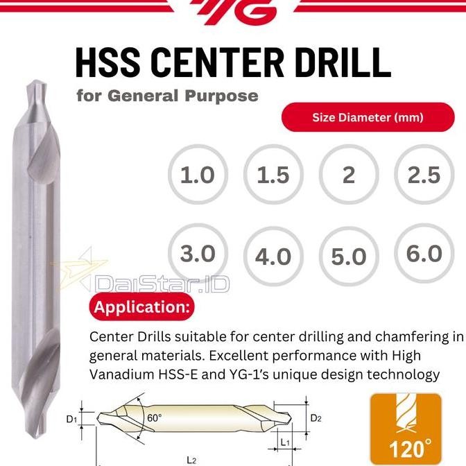 Yg -1 Center Drill 1 | 1.5 | 2 | 2.5 | 3 | 4 | 5 | 6 Mm Hss Dv301 Yg1