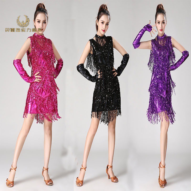Latin Dance Fringe Skirt Sleeveless Sequin Fringe Latin Dance Performance Dress Competition Costume 