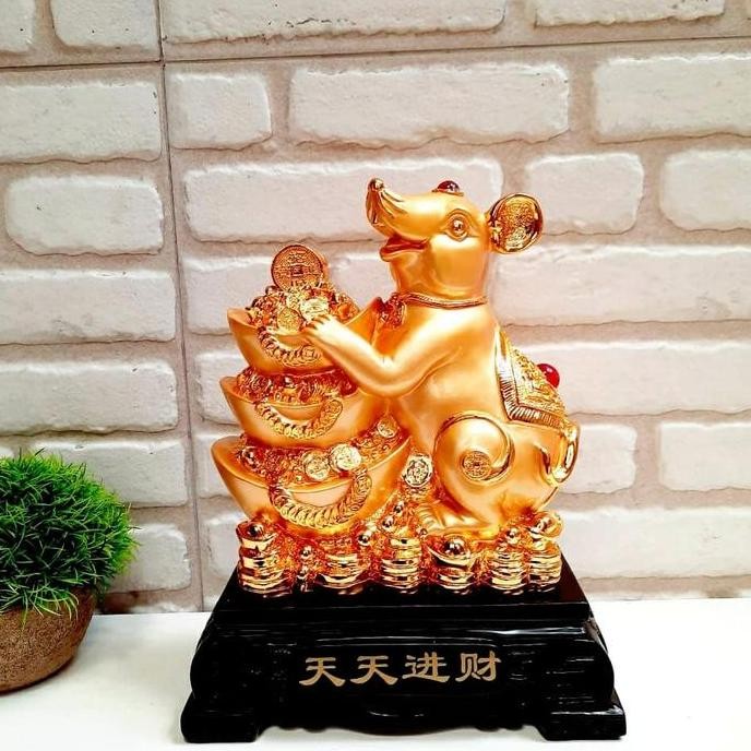 PATUNG TIKUS EMAS S + TATAKAN KAYU PAJANGAN HOKI SHIO TIKUS KADO MURAH