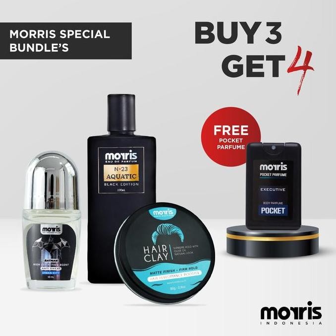 [buy 3 get 4] morris bundle parfum pria black aquatic, pomade clay, roll on batman + free pocket par